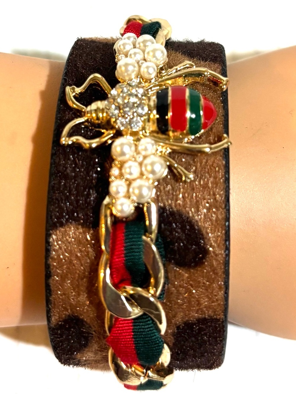 Gold Bee Pearl Accent Brown Cuff Bracelet with Red & Green Ribbon